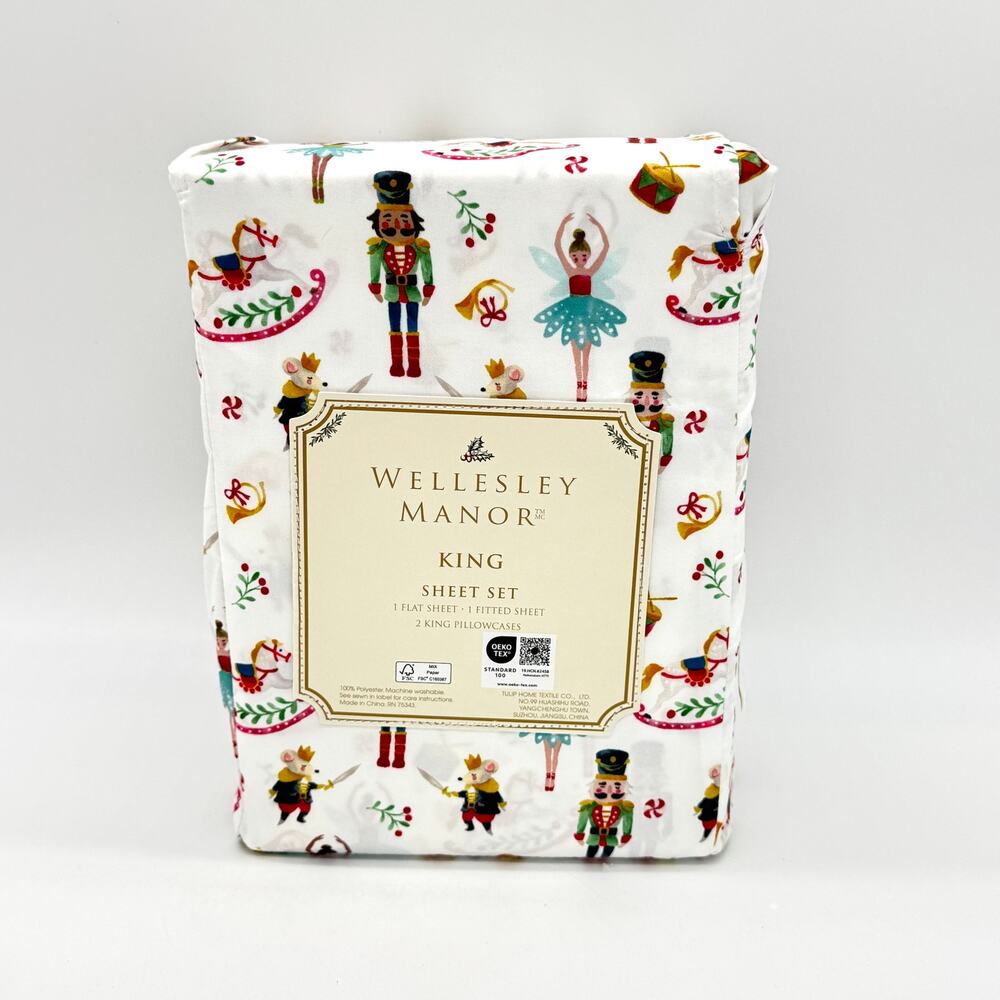 Wellesley Manor Nutcracker Suite KING Sheet Set Christmas Wooden Soldier NEW